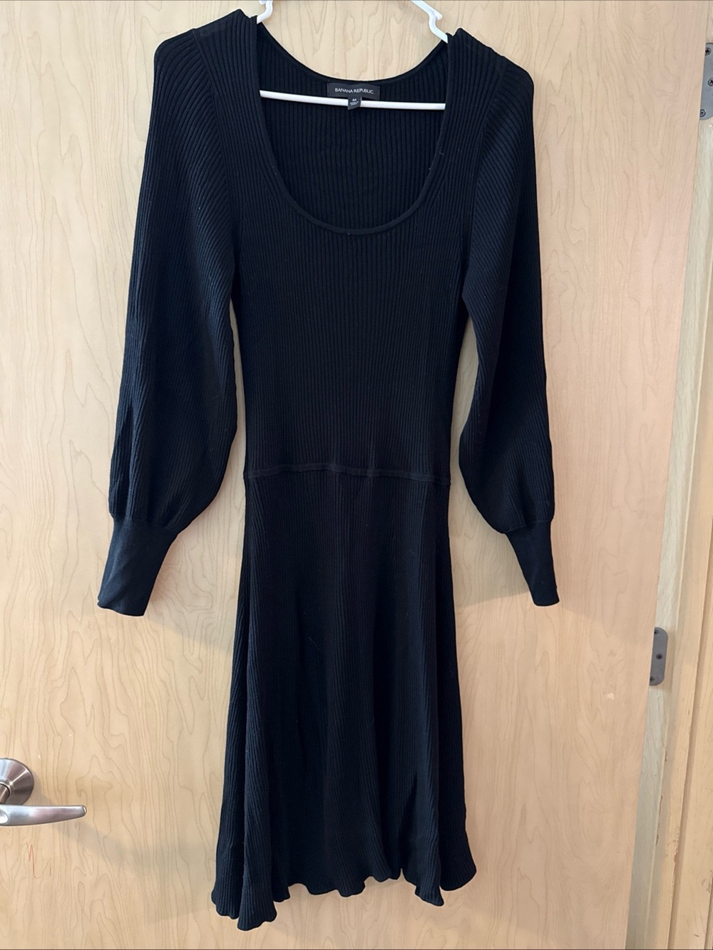 Banana Republic Black Ribbed Midi Dress with Puff Sleeves